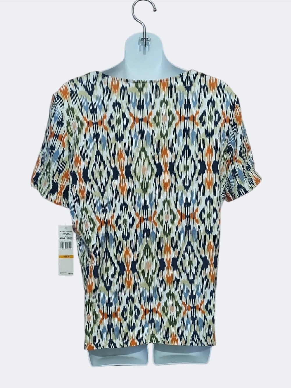 NWT Alfred Dunner Lake Tahoe Ikat-Print Short Sleeve Jeweled Split-Neck Top SM - Picture 4 of 5